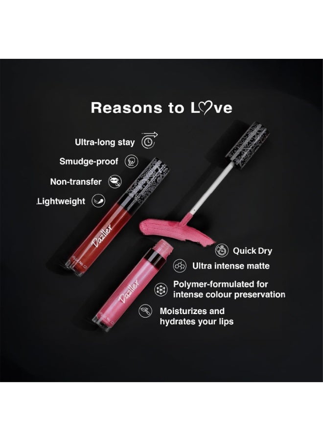DAZLLER All Day Quick-Dry Matte Lipstick, Pink Shade, Ultra-Intense Color, Smudge-Proof, Non-Transfer, Moisturizing Formula with Kokum Butter, QDL0016 - Image 2